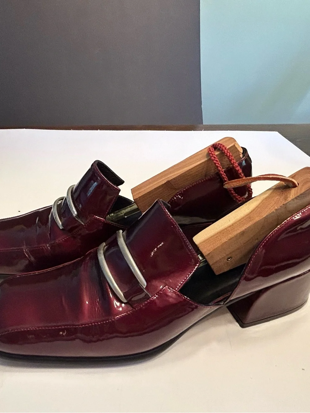 Via Spiga Burgundy Patent Leather Low Heel Loafers